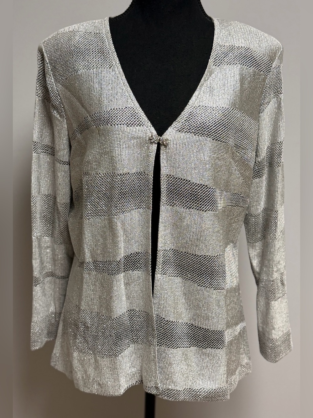 Cachet Shiny Silver & Rhinestone Open Cardigan Size Woman's Size 14 Made In USA